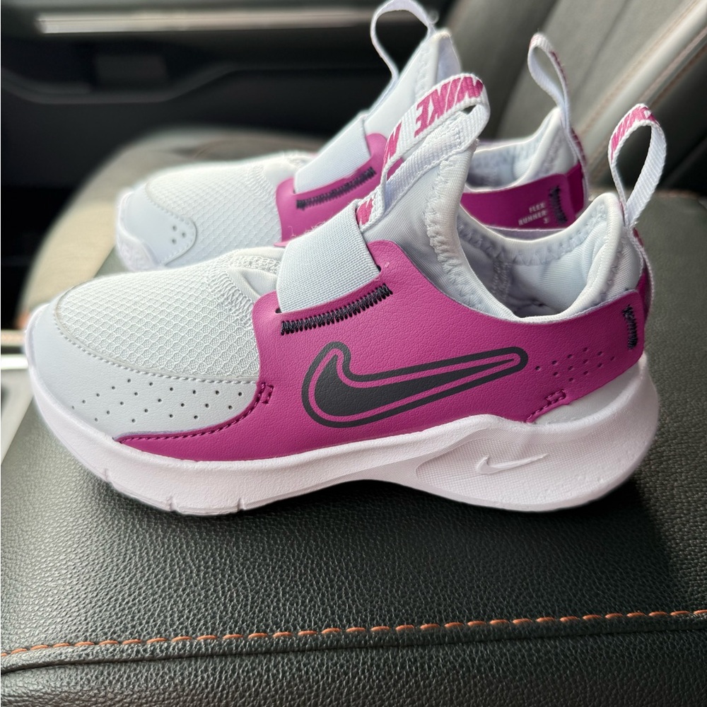 Nike Kids' White and Pink Flex Runner slip on sneakers